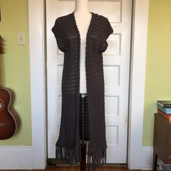 Open Front Chevron Knit Long Cardigan Duster Brown Fringe OS Y2K Boho Festival - Picture 1 of 9